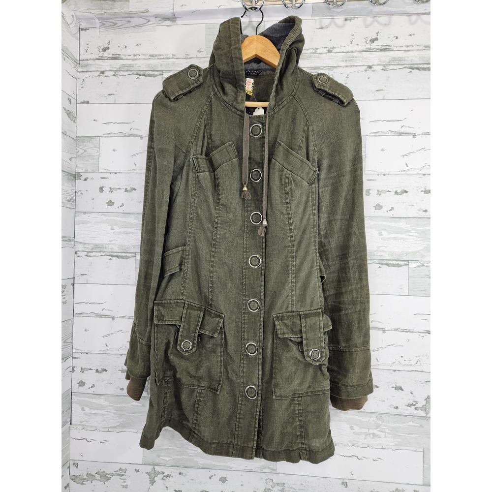 Free People Olive Green Ramie Military Utility Jacket Hooded Cargo Parka Size 8